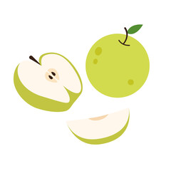 Cut, slice and whole fresh apples, composition. Healthy vitamin organic food, ripe natural sweet and sour fruit. Flat vector illustration isolated on white background