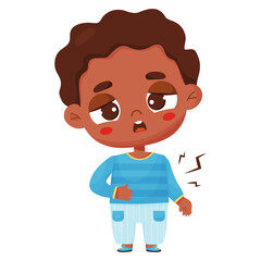 Suffering sick black ethnic boy. Keeps hand on belly. Vector illustration in cartoon style. Sad child character