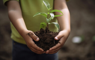 Children holding young plant in hands against spring green background. Ecology concept. Earth day. Generative AI