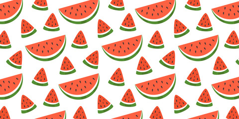 Colored red slice Watermelon seamless pattern. Summer tropical fruit repeating print. Organic background, texture for textile, fabric, wrapping. Flat graphic vector illustration