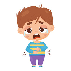 Suffering sick boy. Child is crying and holding his stomach. Pain in the stomach and abdomen. Vector illustration. Sad male kid character in cartoon style