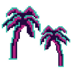 Game Pixel twin coconut palm trees for future on white transparent background, Vector illustration 