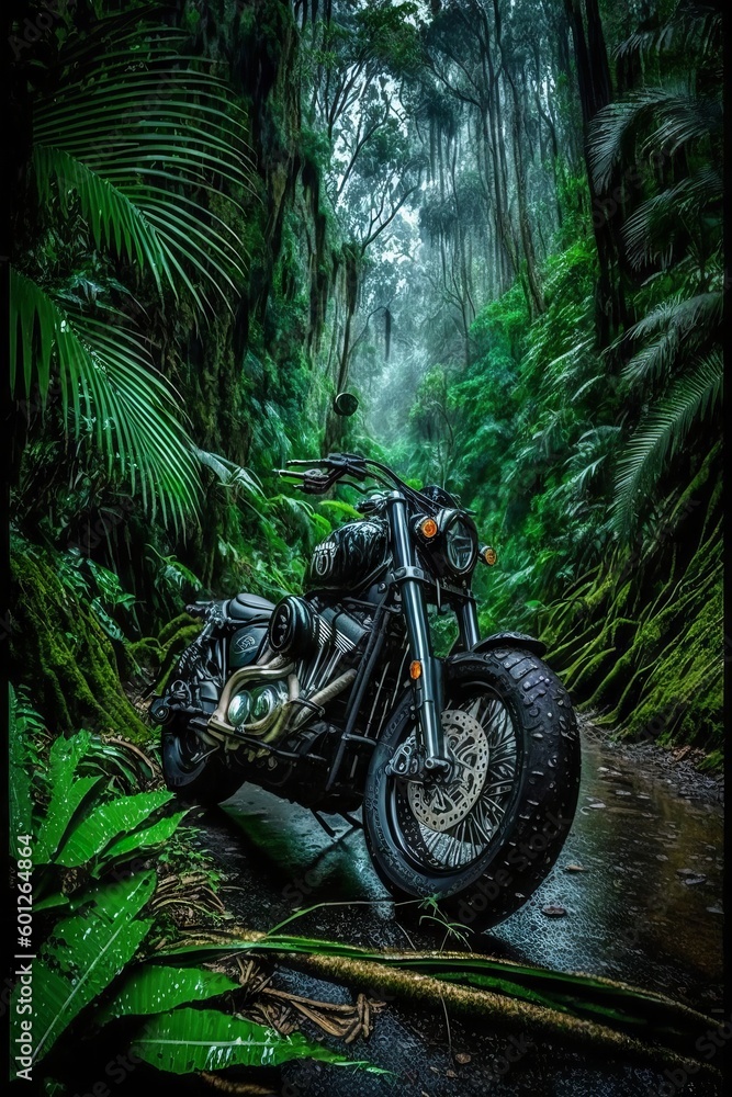 Poster motorcycle in the rainforest. generative ai rendering. computer digital drawing.