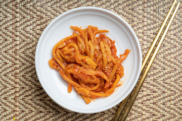 Korean food side dishes, Stir-fried Squid, Kimchi Korean traditional food.