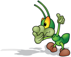 Funny Green Beetle with Yellow Eyes and Raised Hand with Thumb Up