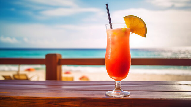 Bahama Mama cocktail on background with blue sea and sky tropical background. Generative AI
