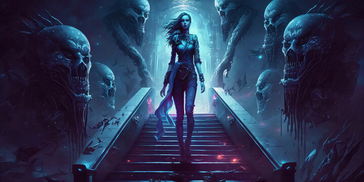 journey into the greater universe, underworld queen in a fantasy world, gothic ghost witch, fictional person created with generative ai