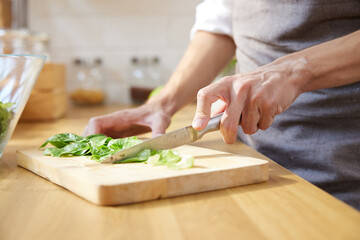 close up of a chef hands cutting vegetable salad on a cutting board in the kitchen