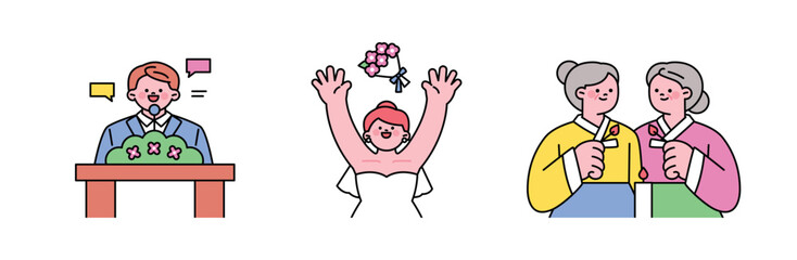 wedding day. The officiating speech, the bride throwing the bouquet, and the Korean mothers of the bride and groom.