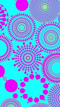 High contrast animated background magenta fun circle mandala designs light blue, vertical vid lively facinating animation scrolling zooming by, circular pattern designs beautiful abstract and hypnotic