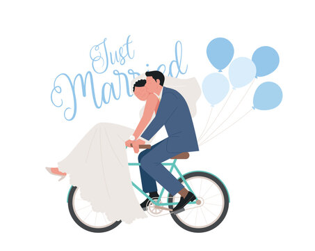 wedding day. A couple in a wedding dress is riding a bicycle romantically.