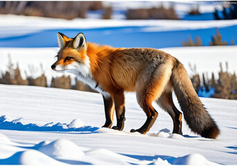 Red fox searching dinner in winter at Hayden Valley of Yellowstone. Generated AI