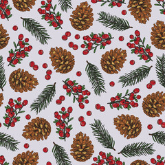 Vector Christmas pinecone with leaf and holy berries repeat seamless pattern background. Vector illustration