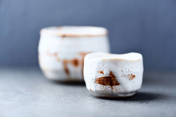 Traditional, handcrafted ceramic. Soft focus. Close up. Copy space.