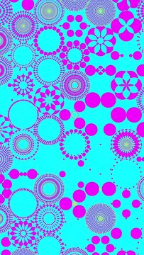 High contrast animated background magenta fun circle mandala designs light blue, vertical vid lively facinating animation scrolling zooming by, circular pattern designs beautiful abstract and hypnotic