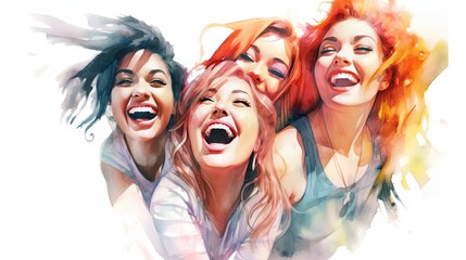 Obraz premium Watercolor painting of a Group of adult girls, happy and excited, style of website design, blank white background, cute, mixed nationality, Generative AI technology