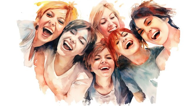 Watercolor painting of a Group of adult girls, happy and excited, style of website design, blank white background, cute, mixed nationality, Generative AI technology