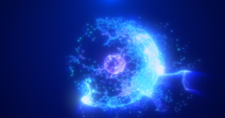 Abstract round blue and purple sphere made of flying particles glowing energy scientific futuristic atom molecule hi-tech background