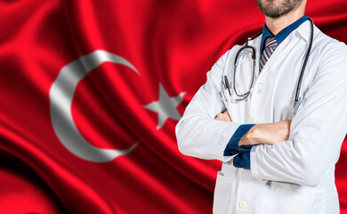 Health and care with the flag of Turkey. Turkish national health concept, Doctor with stethoscope...