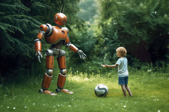 Roboter spielt Ball mit Kind im Garten, robot playing ball with child in garden