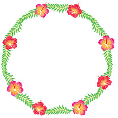 ハイビスカスとヤシの葉の円形のオーナメント｜フレーム、飾り罫イラスト