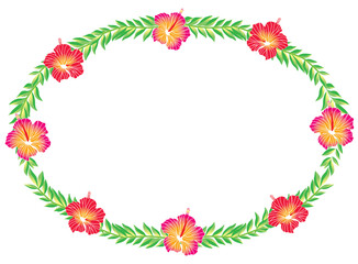 ハイビスカスとヤシの葉の楕円形のオーナメント｜フレーム、飾り罫イラスト
