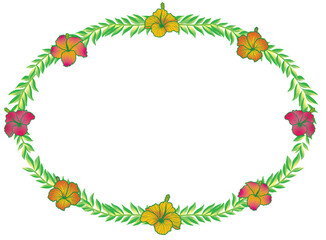 ハイビスカスとヤシの葉の楕円形のオーナメント｜フレーム、飾り罫イラスト