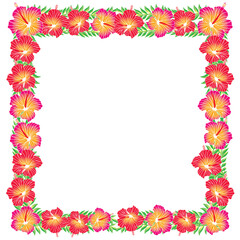 ハイビスカスと緑のヤシの葉の正方形のオーナメント｜フレーム、飾り罫イラスト