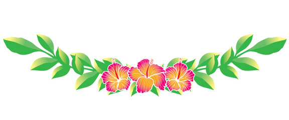 ハイビスカスと緑の葉のオーナメント｜フレーム、飾り罫イラスト