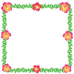 ハイビスカスと緑の葉の正方形のオーナメント｜フレーム、飾り罫イラスト