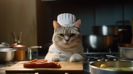 Fototapeta na wymiar Chef Cat preparing food in the kitchen.Generative Ai