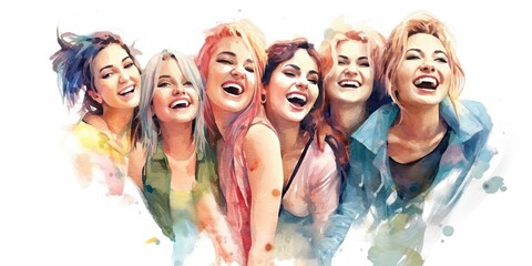 Fototapeta na wymiar Watercolor painting of a Group of adult girls, happy and excited, style of website design, blank white background, cute, mixed nationality, Generative AI technology