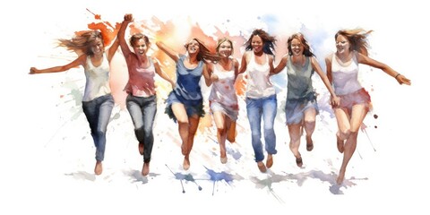 Obraz premium Watercolor painting of a Group of adult girls, happy and excited, style of website design, blank white background, cute, mixed nationality, Generative AI technology