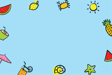 Summer background objects elements with space for text. Hand drawn style.