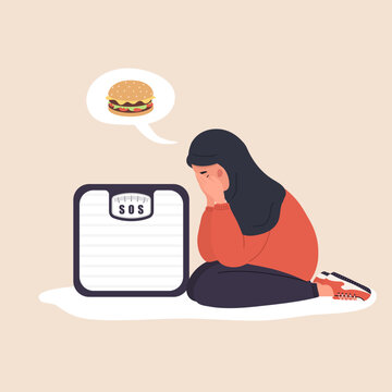 Food addiction concept. Eating disorder. Sad arabian woman sitting on floor and crying. Depressed girl thinking about hamburger. Vector illustration in flat cartoon style.