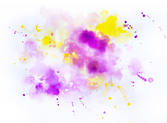 Watercolor blots with splatters, pattern of merging yellow-purple color spots, paint splashes and drops on white background. Hand-draw abstract drip stains with fading outlines, texture for design.