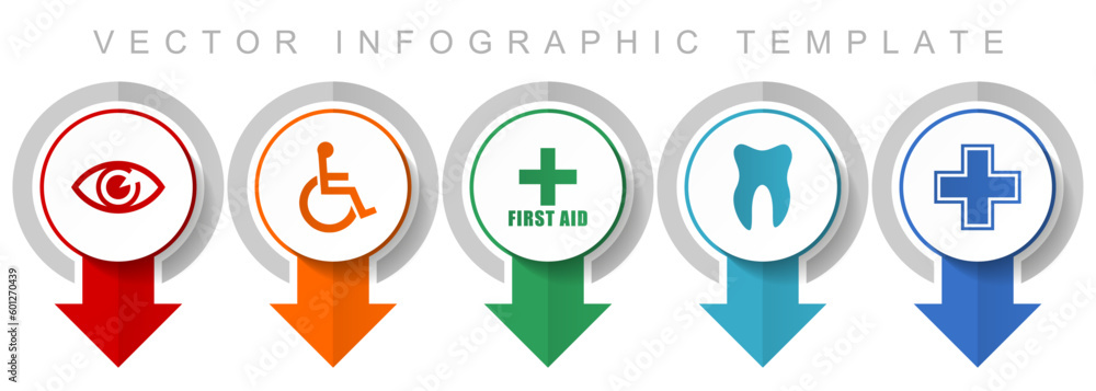 Poster hospital icon set, miscellaneous pointer icons such as eye, wheelchair, first aid, dentist and cross