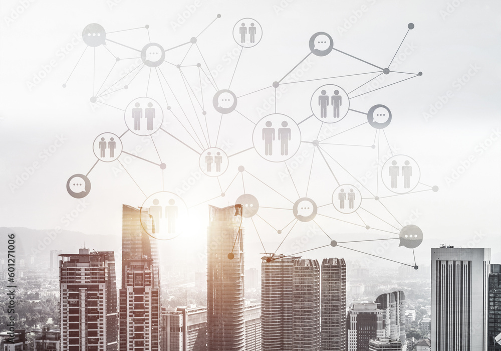 Poster modern city and social net as concept for global networking