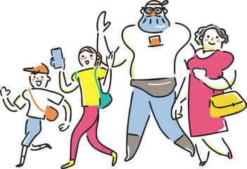 楽しそうに観光する外国人旅行客　インバウンド　イラスト素材
