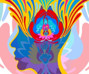 Obraz premium Concentrazione rilassamento meditazione. Forme pensiero. Fede, amore, speranza. Spiritualità. Forza di 7 chakra disegno grafico isolato. Emozioni positivi 