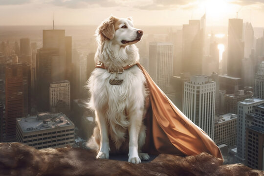 Adorable dog in superhero cape and watching over a city. genarative ai