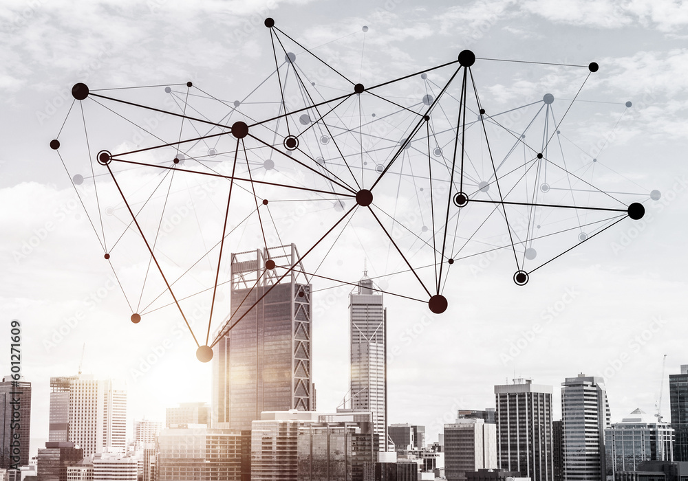 Poster modern city and social net as concept for global networking