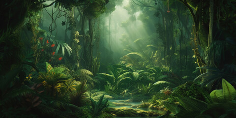 Fototapeta na wymiar Deep tropical jungles. Dense forest landscape. Generative AI