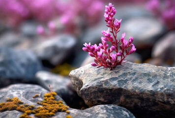 a purple flower plant is sitting on top of a rock bed, generative ai - obrazy, fototapety, plakaty
