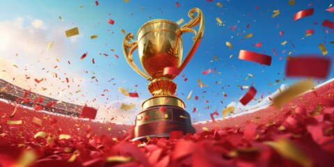 Golden trophy in stadium blue sky background, Champion cup of sport competition. Generative AI