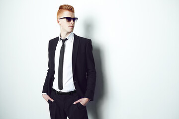 Fashion, suit and mockup with a man in studio on a white background for formal or contemporary...