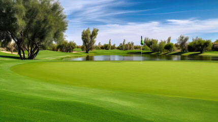 Golf course at sunny day. Generative AI