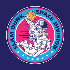 Astronaut Slam Dunk Basket Ball In Space Emblem Logo Design 