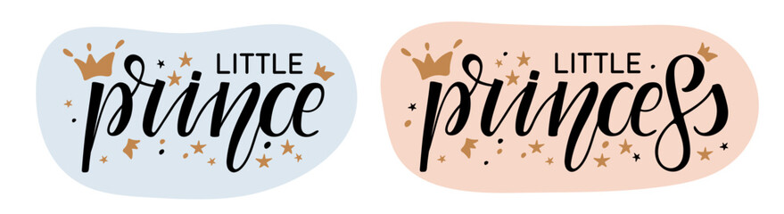 Hand drawn compositions with little prince and little princess calligraphy lettering. Pink, blue frames. Vector isolated illustration for Baby shower card, gender party clothes, mug, invitation. © Елена Кутузова