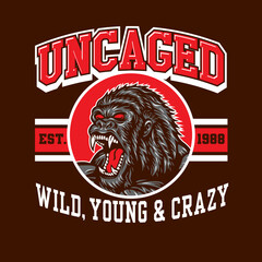 Gorilla Head Illustration Uncaged Wild Young and Crazy Emblem Logo Design